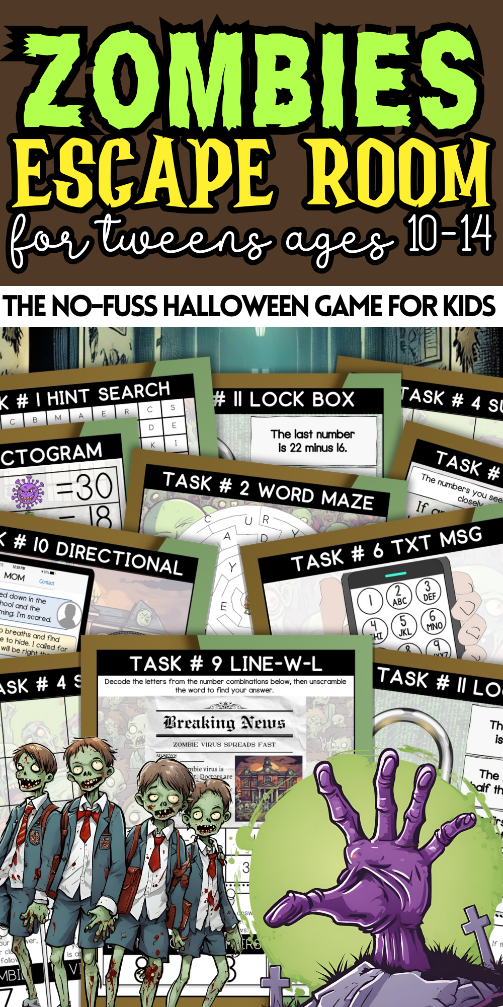 Zombie Escape Room For Tweens Age 10-14 - This printable zombie virus escape room is perfect for Halloween or your kid's Zombie-Themed birthday party! No materials needed means it's a no-fuss, stress-free experience for you! Print, play, enjoy.