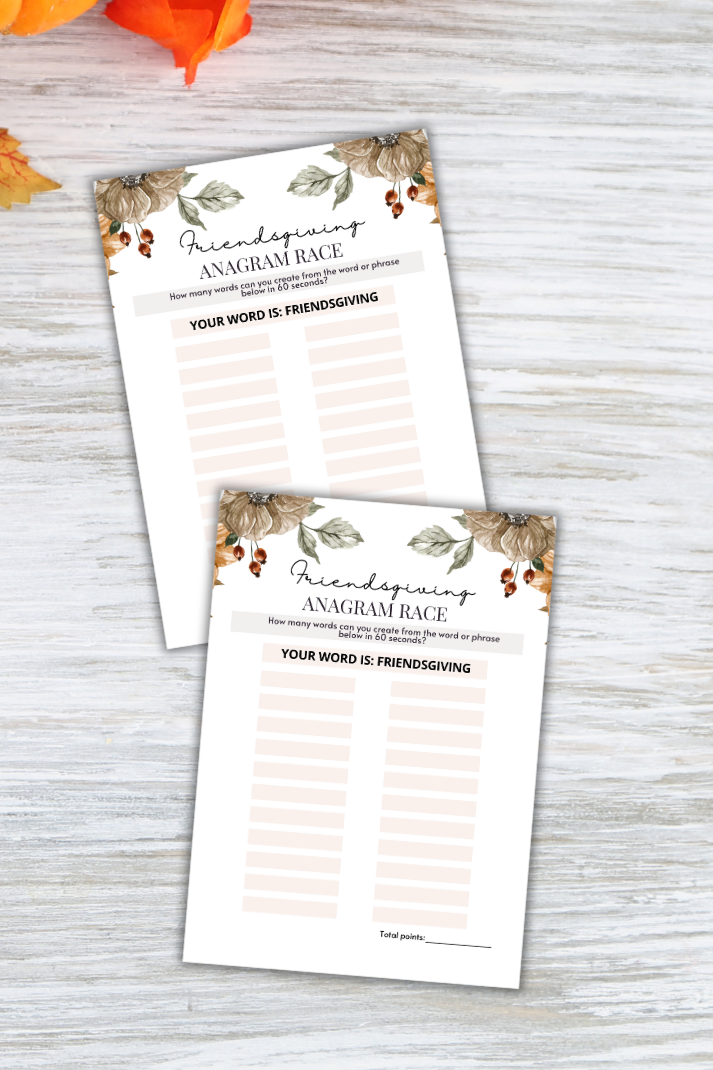 Friendsgiving Party anagram race printable word game - two sheets laid on a fall countertop