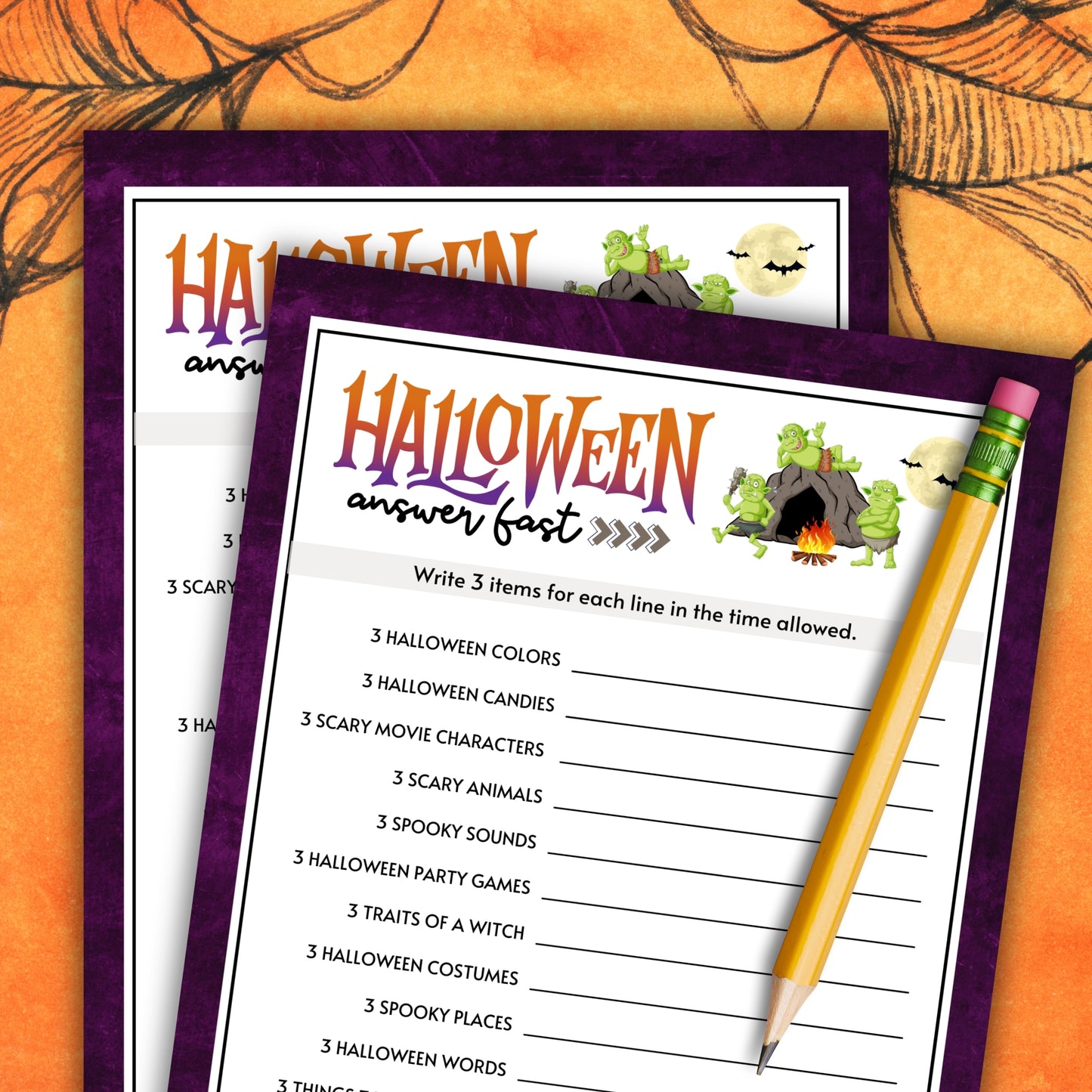 Get ready for a fun and fast-paced game that's all about Halloween! Answer Fast (Think Quick) is a lively and engaging printable game perfect for parties, family gatherings, and any event where you want to add a thrilling vibe. 