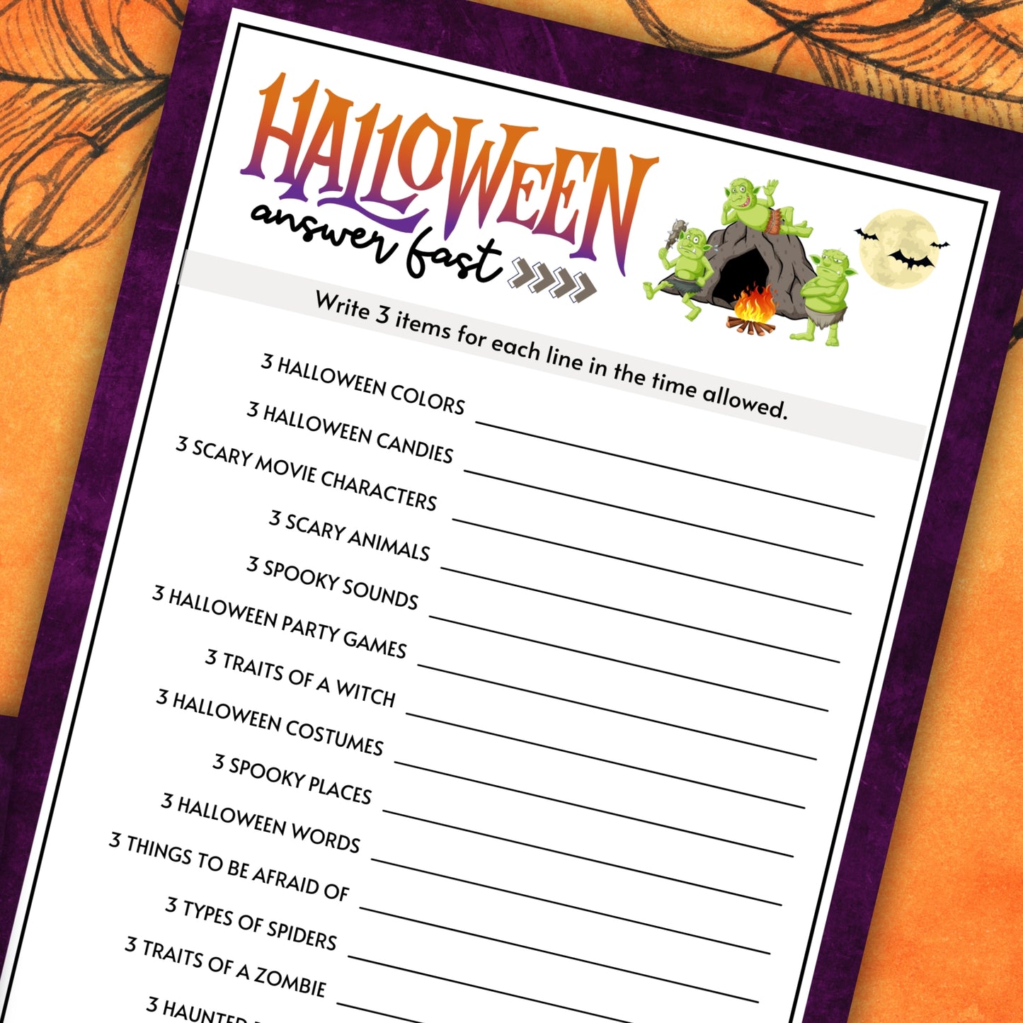 Get ready for a fun and fast-paced game that's all about Halloween! Answer Fast (Think Quick) is a lively and engaging printable game perfect for parties, family gatherings, and any event where you want to add a thrilling vibe. 