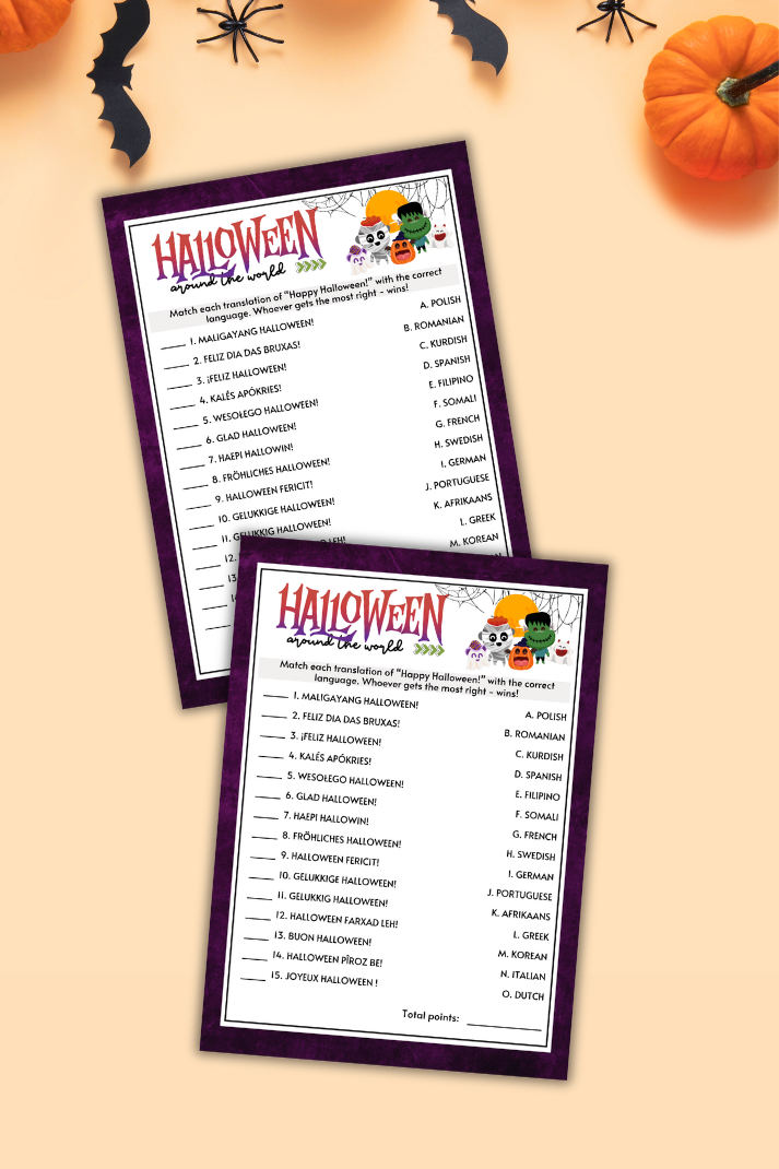 Make your Halloween party unforgettable with this cute language translation game from Party Prints Press!
In "Around The World", guests match the foreign language translation of the given phrase with the correct answer on the right.