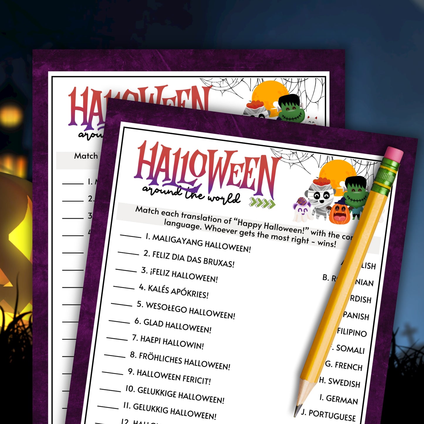 Make your Halloween party unforgettable with this cute language translation game from Party Prints Press!
In "Around The World", guests match the foreign language translation of the given phrase with the correct answer on the right.