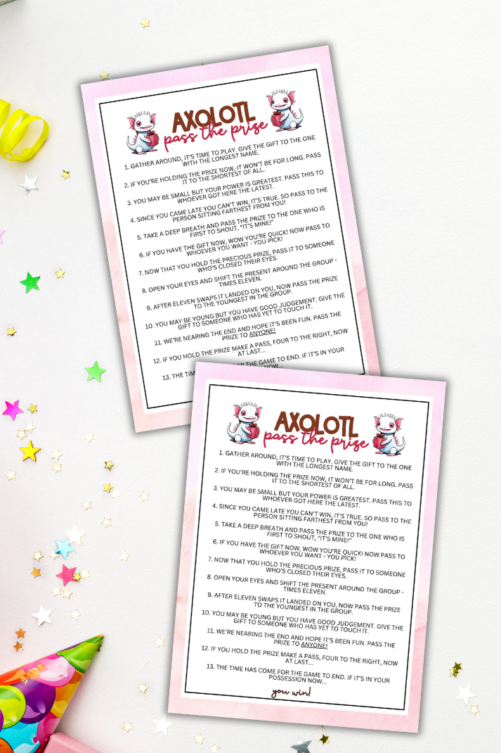 Axolotl Birthday Party Pass The Prize Left Right Printable Game Fun For All Ages