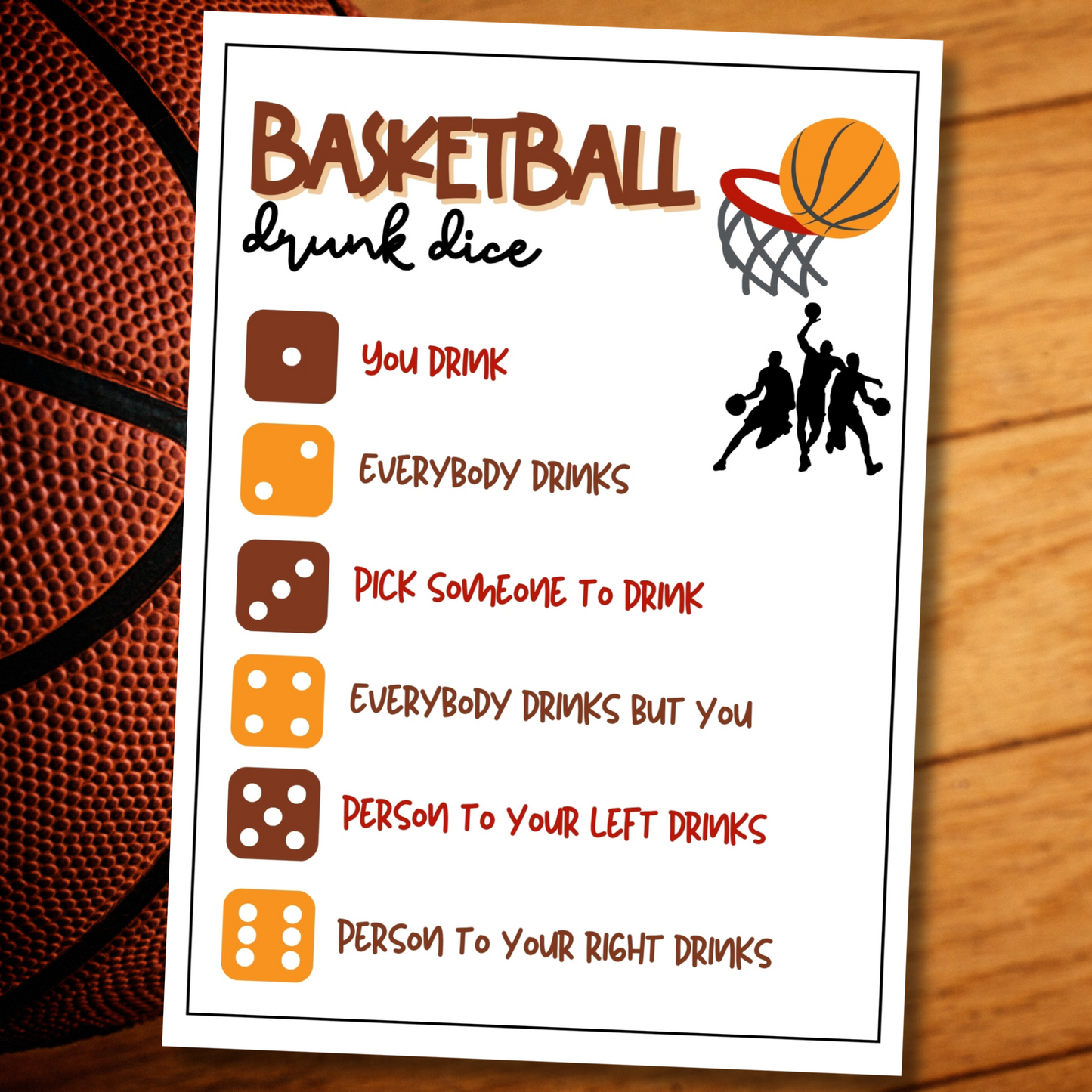Looking for a fun and easy icebreaker game to play at your basketball-themed party, work party, office event, book club meeting, pub crawl night, or dinner gathering? Play this printable Basketball Drunk Dice Game, get tipsy, and let the roll of the dice decide your fate!