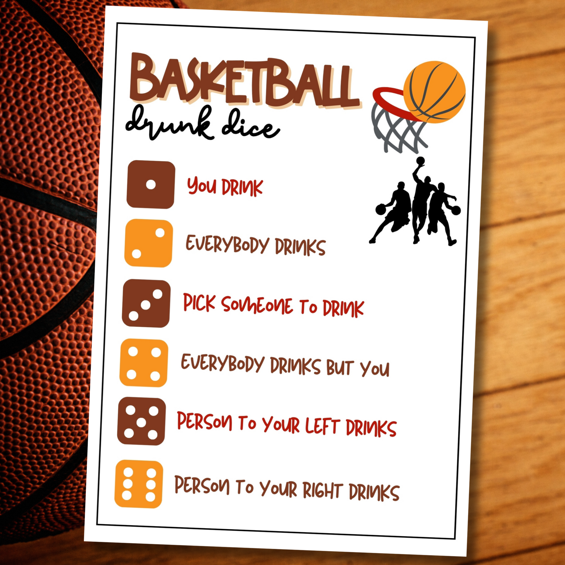 Looking for a fun and easy icebreaker game to play at your basketball-themed party, work party, office event, book club meeting, pub crawl night, or dinner gathering?  Play this printable Basketball Drunk Dice Game, get tipsy, and let the roll of the dice decide your fate!