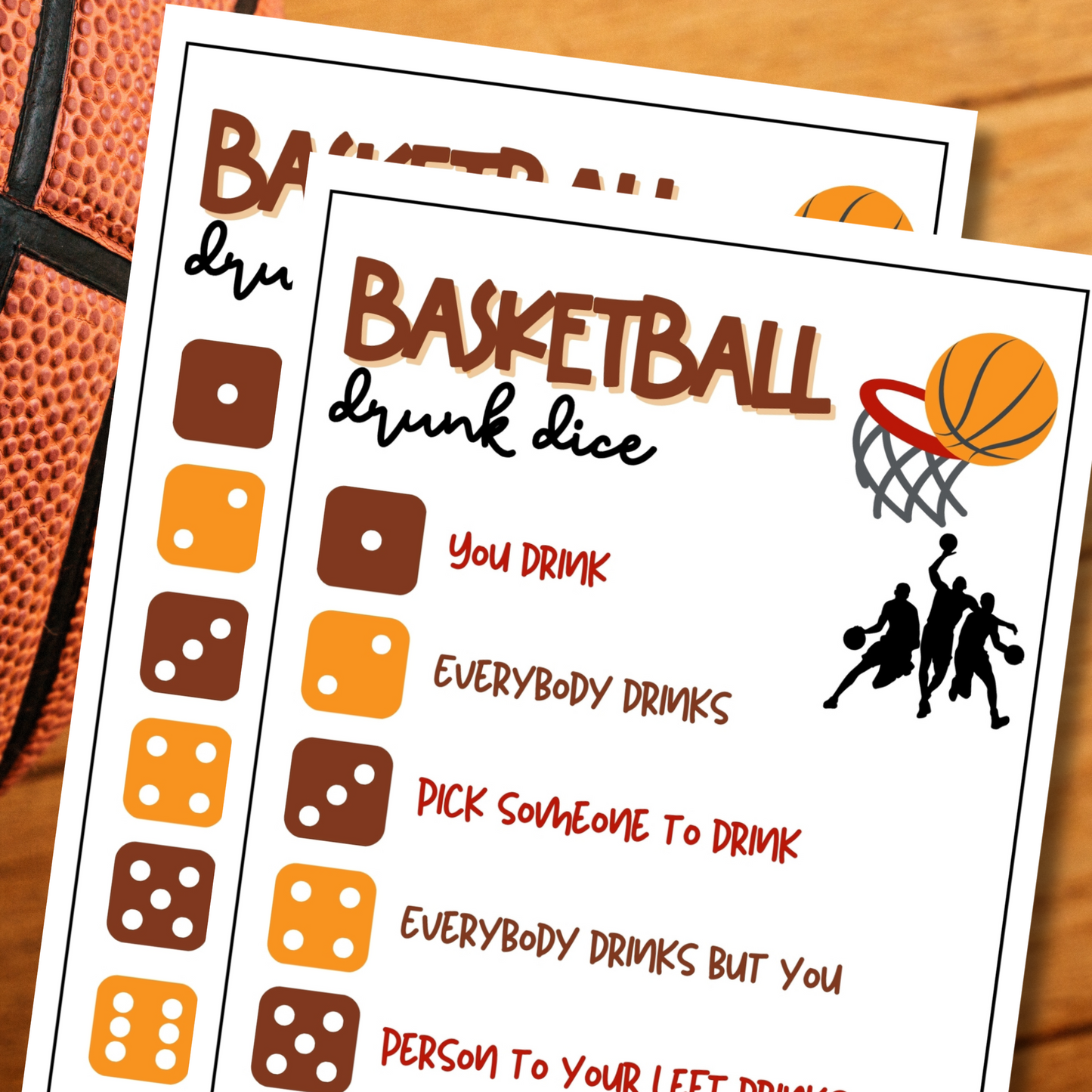 Looking for a fun and easy icebreaker game to play at your basketball-themed party, work party, office event, book club meeting, pub crawl night, or dinner gathering? Play this printable Basketball Drunk Dice Game, get tipsy, and let the roll of the dice decide your fate!