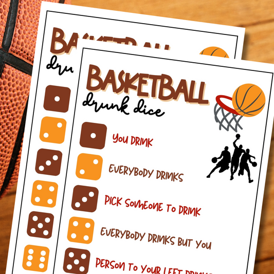 Looking for a fun and easy icebreaker game to play at your basketball-themed party, work party, office event, book club meeting, pub crawl night, or dinner gathering?  Play this printable Basketball Drunk Dice Game, get tipsy, and let the roll of the dice decide your fate!