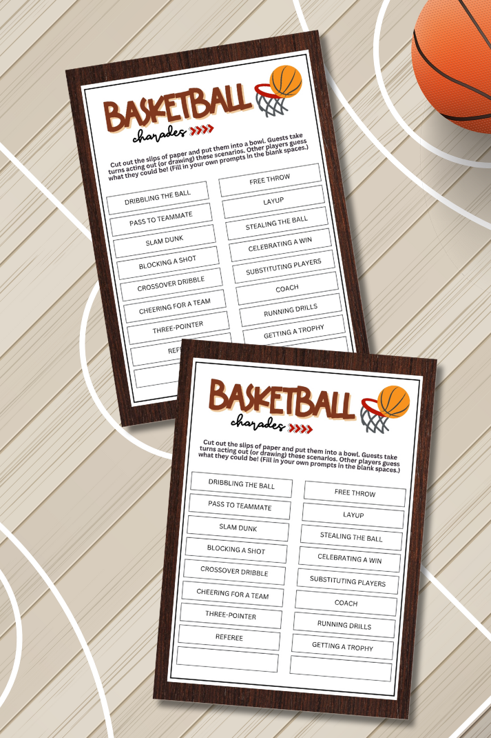 Looking for a fun and engaging activity to bring some excitement to your basketball-themed events? Look no further than this Basketball Charades game from Party Prints Press!   Perfect for games, practices, team bonding sessions, basketball camps, birthday parties, fan gatherings, youth leagues, and other basketball-related occasions, this printable charades game is a fantastic addition to your activities.