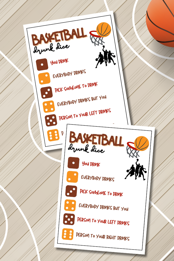 Looking for a fun and easy icebreaker game to play at your basketball-themed party, work party, office event, book club meeting, pub crawl night, or dinner gathering?  Play this printable Basketball Drunk Dice Game, get tipsy, and let the roll of the dice decide your fate!