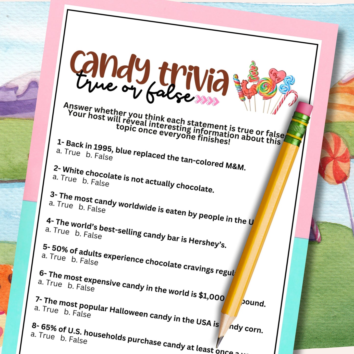 candy trivia blue and white true or false game mockup design