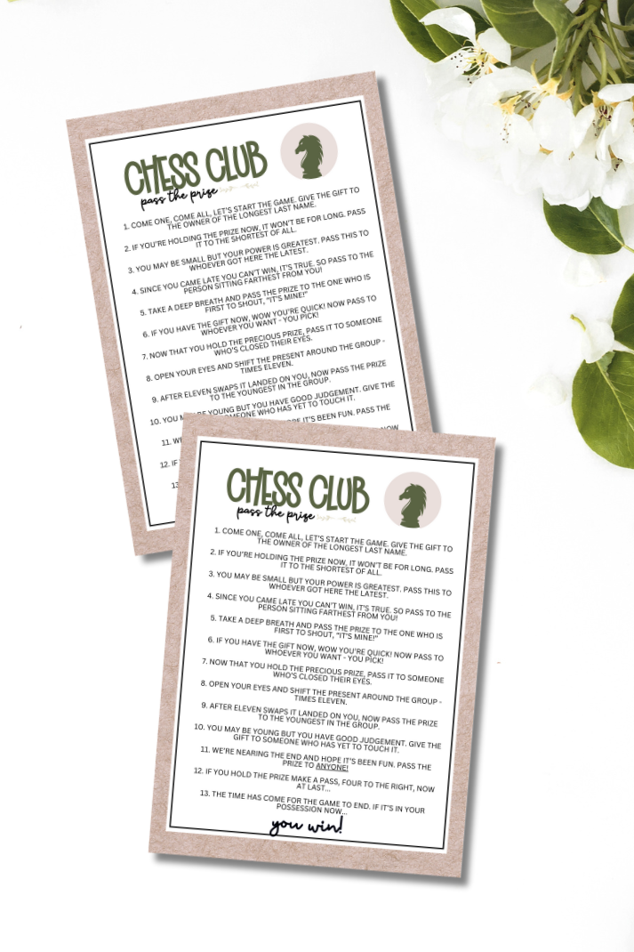 Are you seeking a fun and engaging activity to play with your friends or group members at your next chess club meetup, party, or gathering?  Whether you've got kids, teens, adults, and even seniors in your gathering or group, this fun Pass The Prize game from Party Prints Press is just what you need!