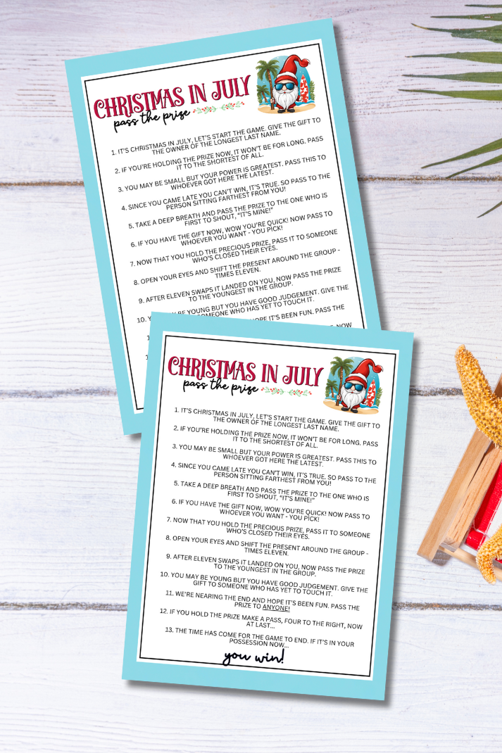 Christmas in July Pass The Prize Left Right Game - Fun For Everyone!  Are you seeking a fun and engaging activity to celebrate Christmas in July with friends, family, or coworkers?  Whether you've got kids, teens, adults, and even seniors in your gathering or group, this fun Pass The Prize game from Party Prints Press is just what you need!