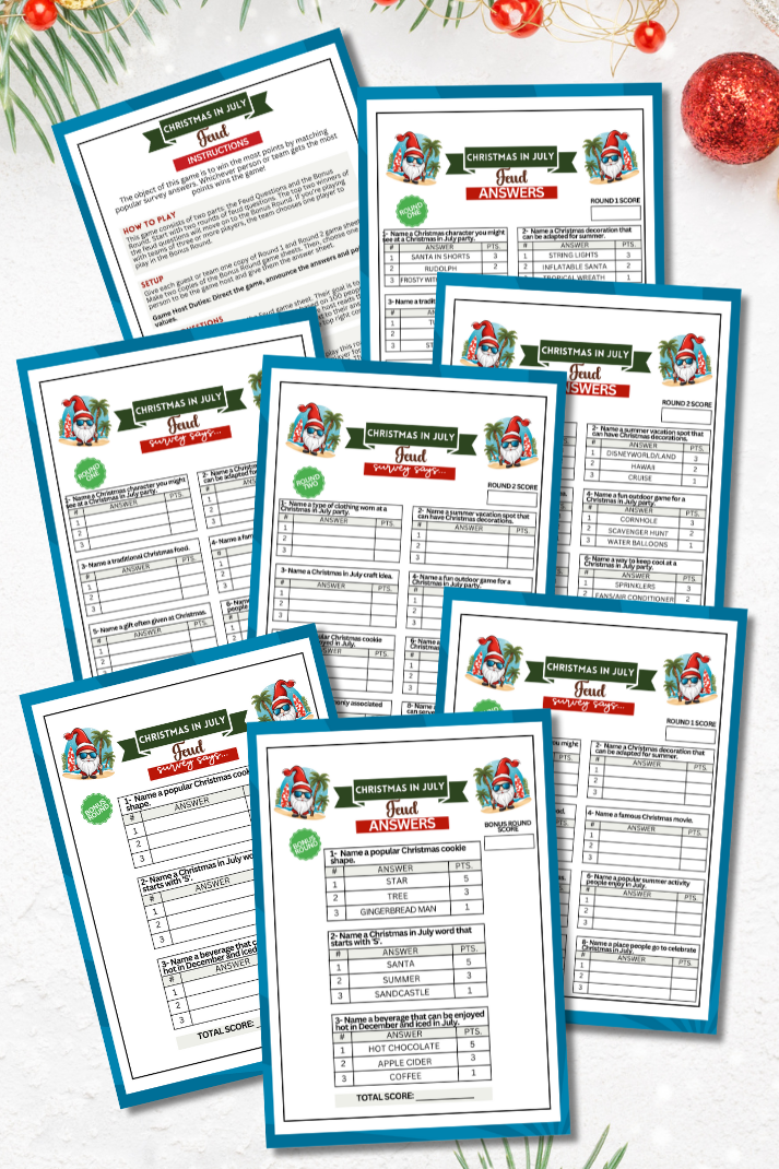 Get ready for some summer fun with Christmas in July Friendly Feud! This printable game is the perfect idea for your mid-year holiday celebrations.  Whether you're hosting a summer get-together or just looking for some fun with loved ones, this game is sure to be a big hit!