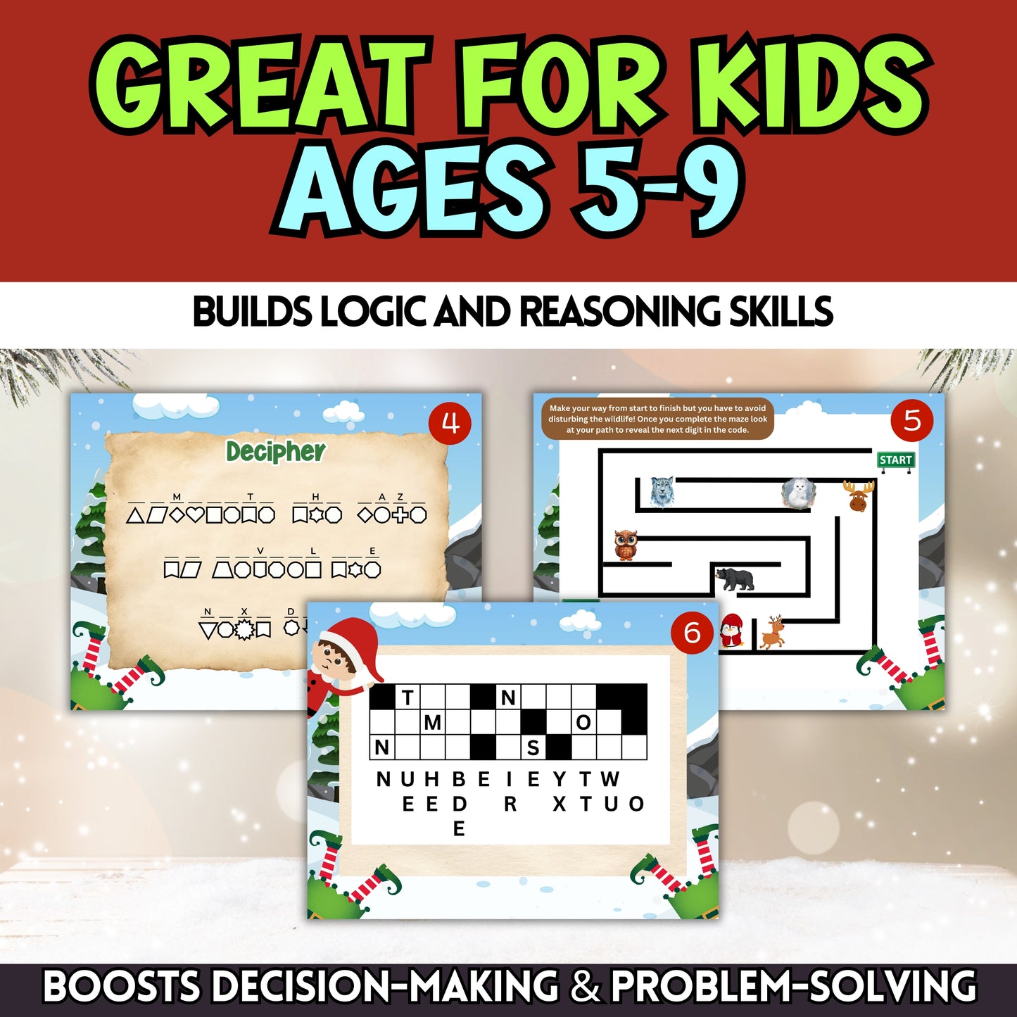 Christmas Escape Room For Kids Age 5-9 (7 Puzzles)
