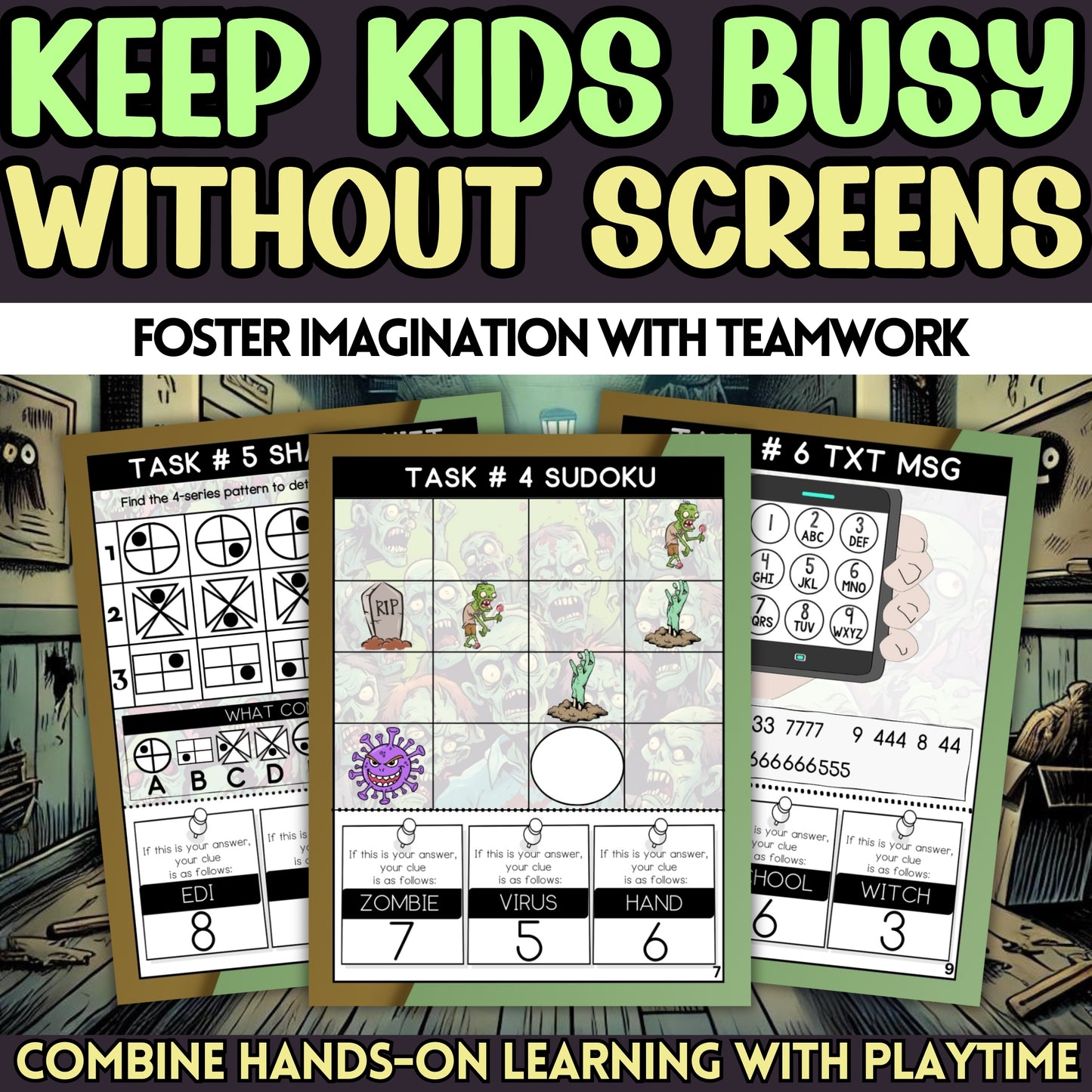 Zombie Escape Room For Tweens Age 10-14 - This printable zombie virus escape room is perfect for Halloween or your kid's Zombie-Themed birthday party! No materials needed means it's a no-fuss, stress-free experience for you! Print, play, enjoy.