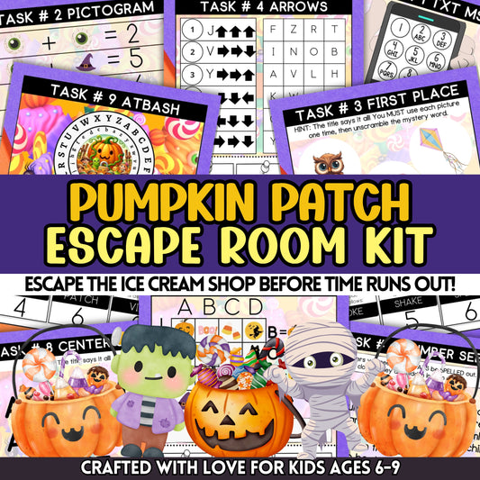 Escape the Mundane With The New Pumpkin Patch Adventure! (9 Puzzle-Escape Room)  Specially designed for children aged 6-9, this printable escape room game transforms any space into the enchanting Sunnyvale Pumpkin Patch, home to the mysterious Great Pumpkin!