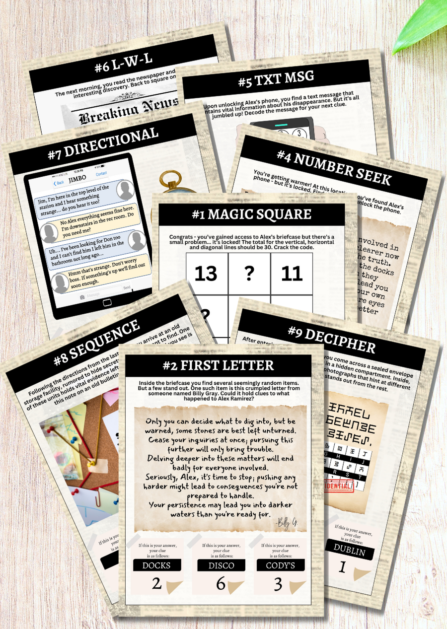Spy Birthday Party Cold Case Printable Escape Room - The Perfect Activity For Tweens - Rumors swirl and whispers abound about the enigmatic journalist who vanished without a trace... Authorities are fresh out of ideas and are turning to the general public for help. Now, it's up to you and your crew to piece together the clues and unravel the secrets hidden within his cryptic notes. Can you discover what *really* happened to Alex Ramirez before it's too late?