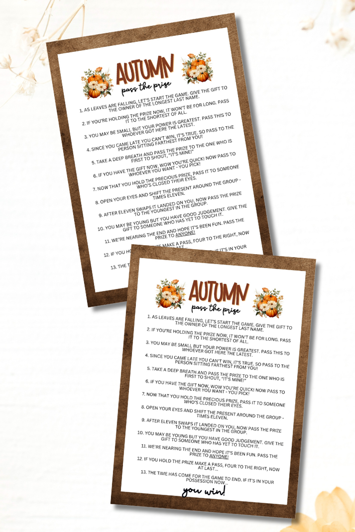 Are you seeking a fun and engaging activity to celebrate the cooler fall and autumn months? Whether you've got kids, teens, adults, and even seniors in your gathering or group, this fun Pass The Prize game from Party Prints Press is just what you need! This game is a simple poem that you can read aloud to participants or print out a copy for each to read along!