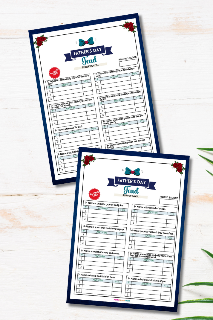 Father's Day Feud Printable Party Game - This printable Father's Day Feud game is the perfect last-minute idea for your Father's Day celebration!   Whether you're hosting a family gathering or looking for something fun to do with dad, this game will surely be a big hit.   Ideal for families across generations, it's fun for all ages and takes about 30 minutes to play.   Best of all, it's an instant download, so you can buy it today and PLAY it with no additional materials needed!