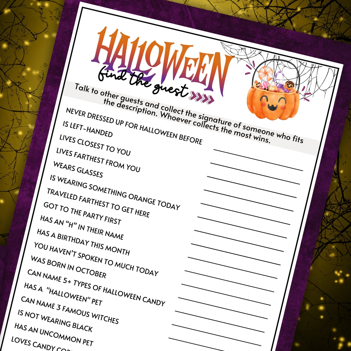 Looking for a fun and easy icebreaker game to play at your Halloween Party? This "Find The Guest" printable game from Party Prints Press is just what you need! 