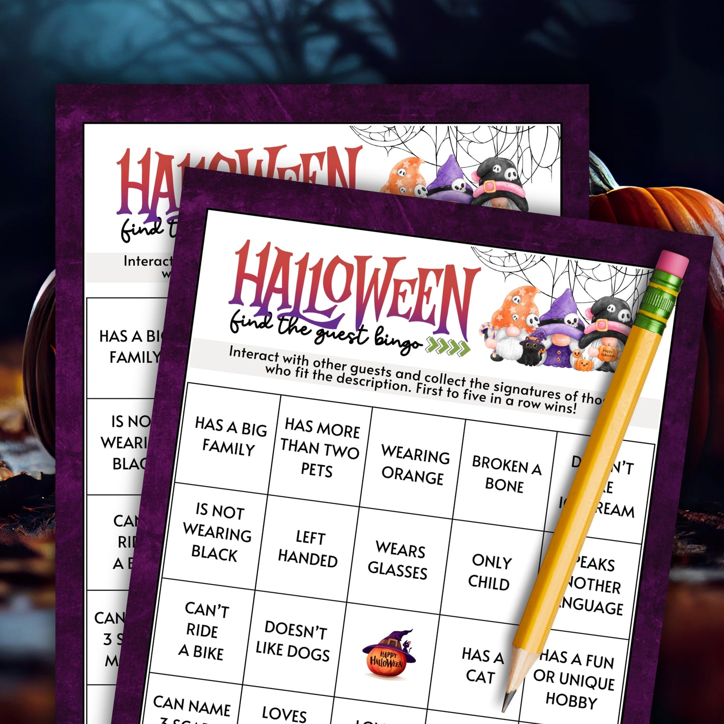 Encourage guests at your Halloween party to mix and mingle with this fun icebreaker, "Find The Guest BINGO," from Party Prints Press!
To play, give each guest a BINGO card and a pen or pencil. Allow the guests to go around the room, collecting the signatures of others who fit each description.