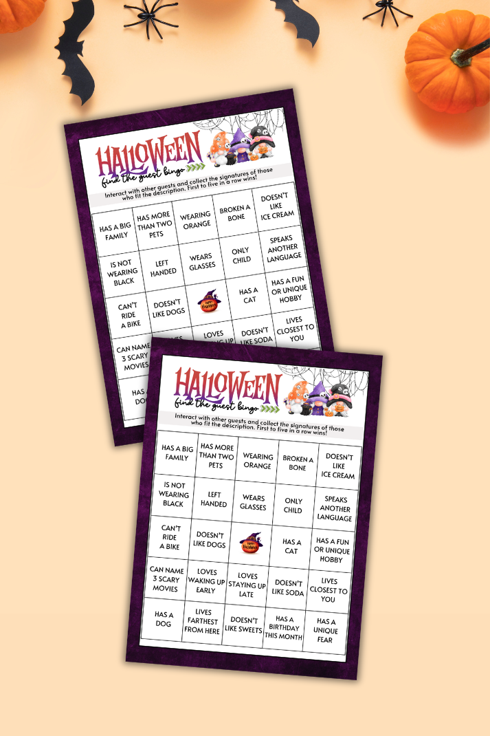 Encourage guests at your Halloween party to mix and mingle with this fun icebreaker, "Find The Guest BINGO," from Party Prints Press!
To play, give each guest a BINGO card and a pen or pencil. Allow the guests to go around the room, collecting the signatures of others who fit each description.