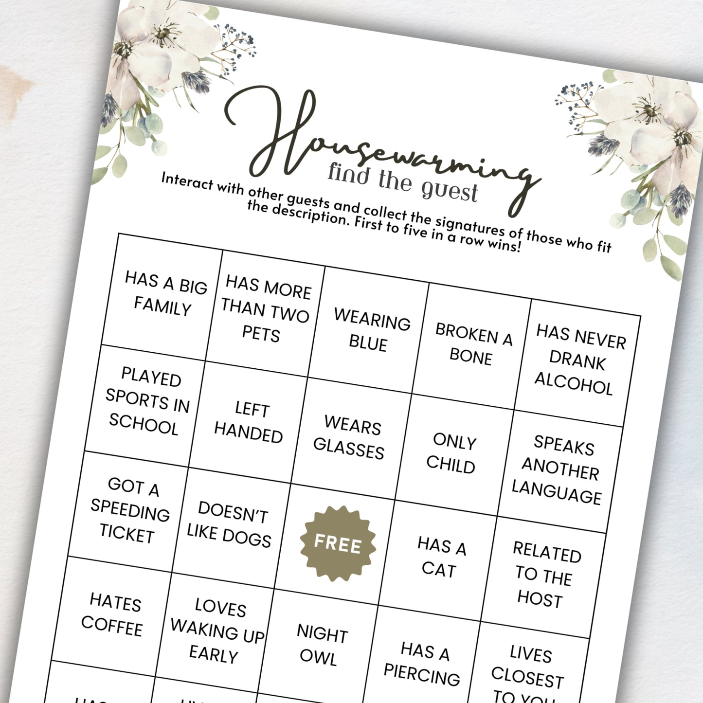 Housewarming Find The Guest BINGO