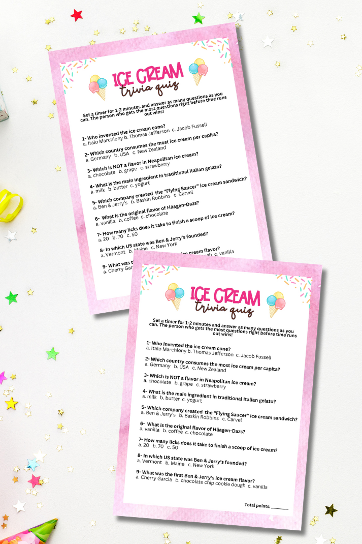 Looking for a fun and engaging activity to celebrate National Ice Cream Month, Ice Cream Day, Sundae Day or another sweet treat-themed celebration or event? This simple trivia game from Party Prints Press is just what you need!