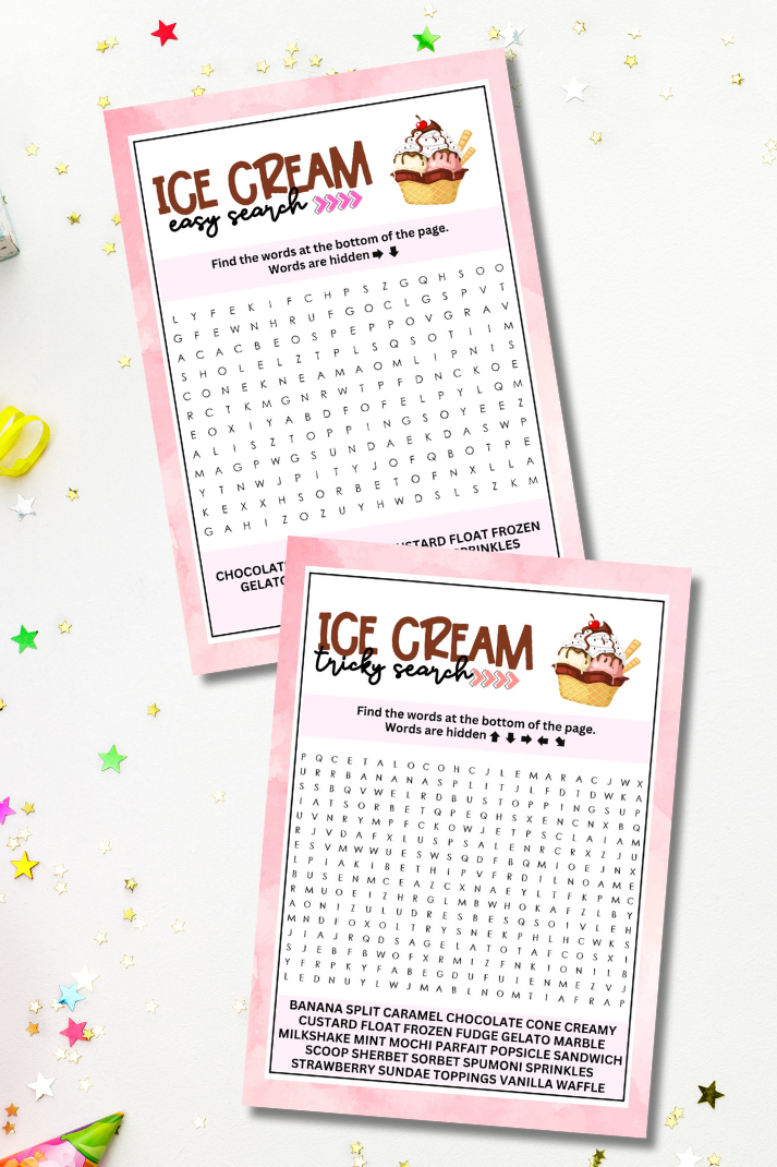 Celebrate National Ice Cream Month, Sundae Day, teen and tween birthdays or any other summer event with this specially designed dual-word search pack, perfect for every generation at your gathering!   Whether you're hosting an ice cream celebration or just want to cool down and have a little summer break, this pack covers everyone.   From young kids to teens and tweens, adults, and seniors, you've got everything you need with two difficulty levels, ensuring fun and challenge for all.