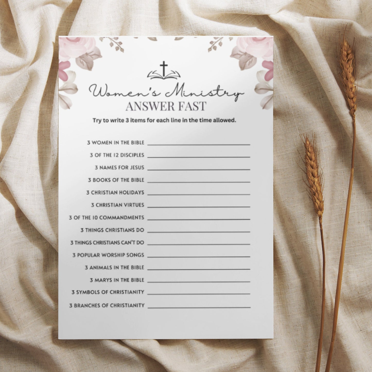 Women's Ministry Answer fast printable game laying on a sheet