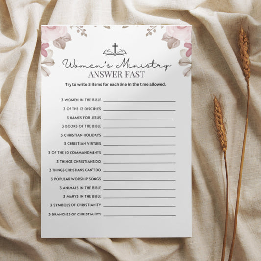 Women's Ministry Answer fast printable game laying on a sheet