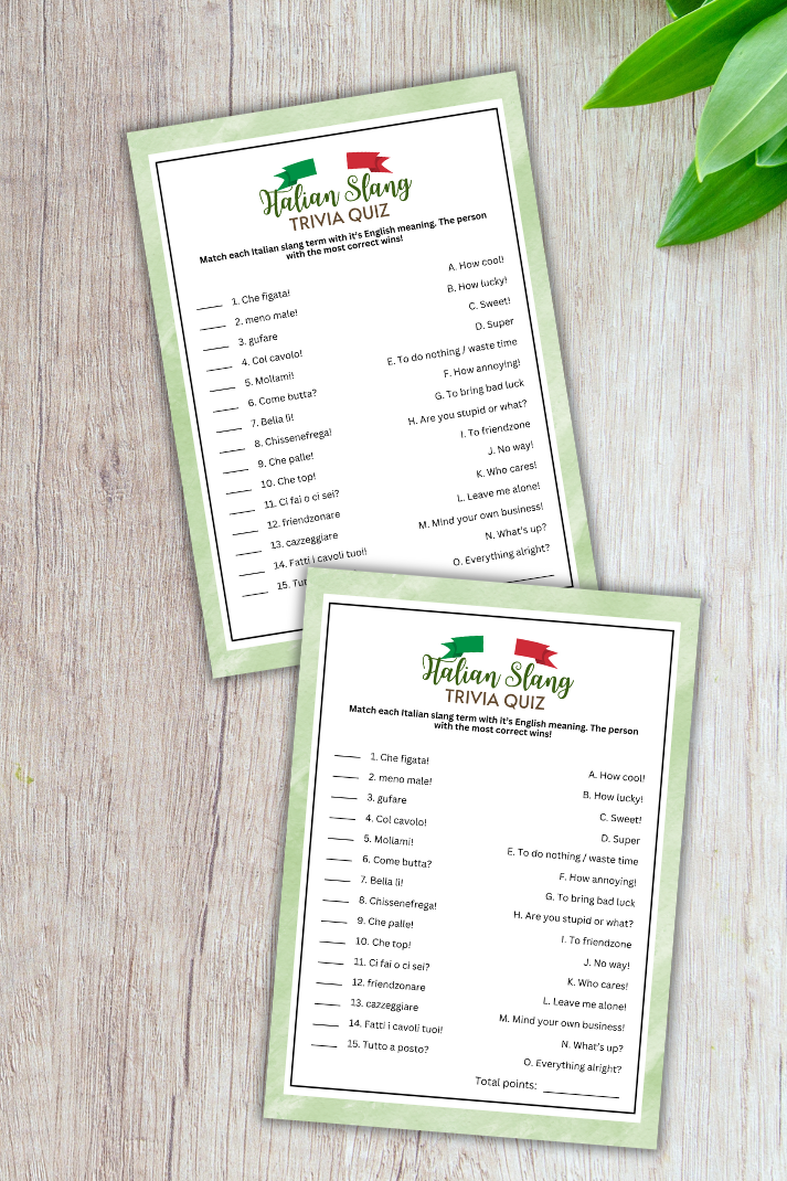 Are you hosting an Italian-themed event such as a pizza party, language learning gathering, or travel discussion? Experience an amusing and educational icebreaker with this cute and fun Italian Slang Matching Game from Party Prints Press!  This delightful game provides an opportunity for language learners and enthusiasts of all ages to enjoy themselves while matching common Italian slang expressions with their English translations. 
