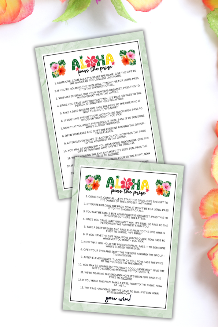 Are you seeking a fun and engaging activity to encourage guests to mix and mingle at your Hawaiian-themed Aloha event, tiki party, beach vacation, luau, birthday party, bachelorette or engagement party, or other fun summer gathering?   Whether you've got kids, teens, adults, and even seniors in your gathering or group, this fun Pass The Prize game from Party Prints Press is just what you need! 