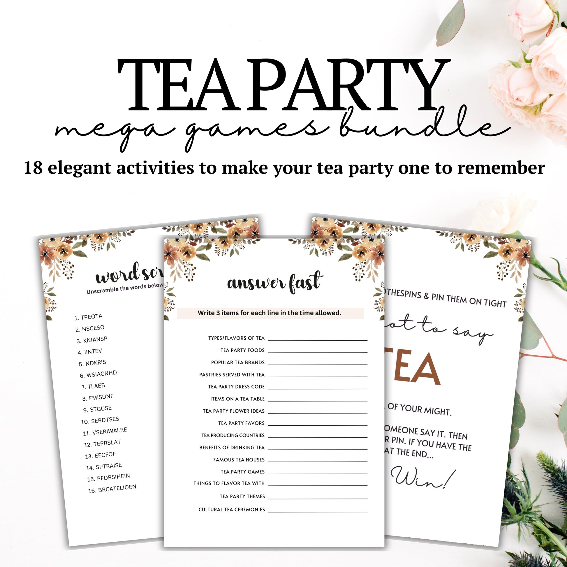Tea Party MEGA Games Bundle - Are you hosting a tea party and looking for cute activities to ensure everyone has an incredible time?   Make your party fun and engaging with this elegant, minimalist, and super-feminine printable 18-game bundle of tea party icebreaker games from Party Prints Press!