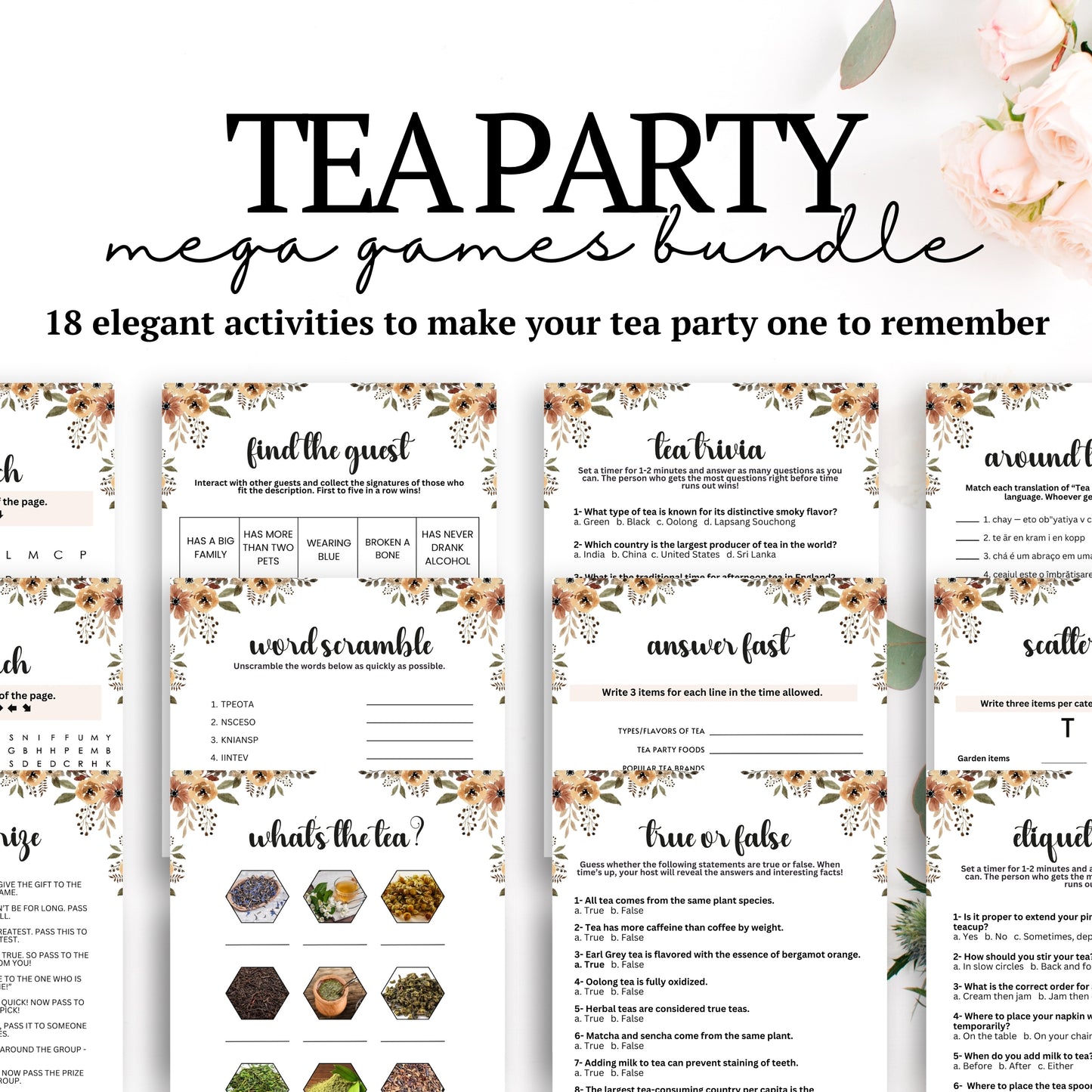 Tea Party MEGA Games Bundle - Are you hosting a tea party and looking for cute activities to ensure everyone has an incredible time? Make your party fun and engaging with this elegant, minimalist, and super-feminine printable 18-game bundle of tea party icebreaker games from Party Prints Press!