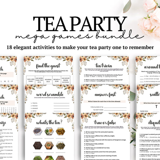 Tea Party MEGA Games Bundle - Are you hosting a tea party and looking for cute activities to ensure everyone has an incredible time?   Make your party fun and engaging with this elegant, minimalist, and super-feminine printable 18-game bundle of tea party icebreaker games from Party Prints Press!