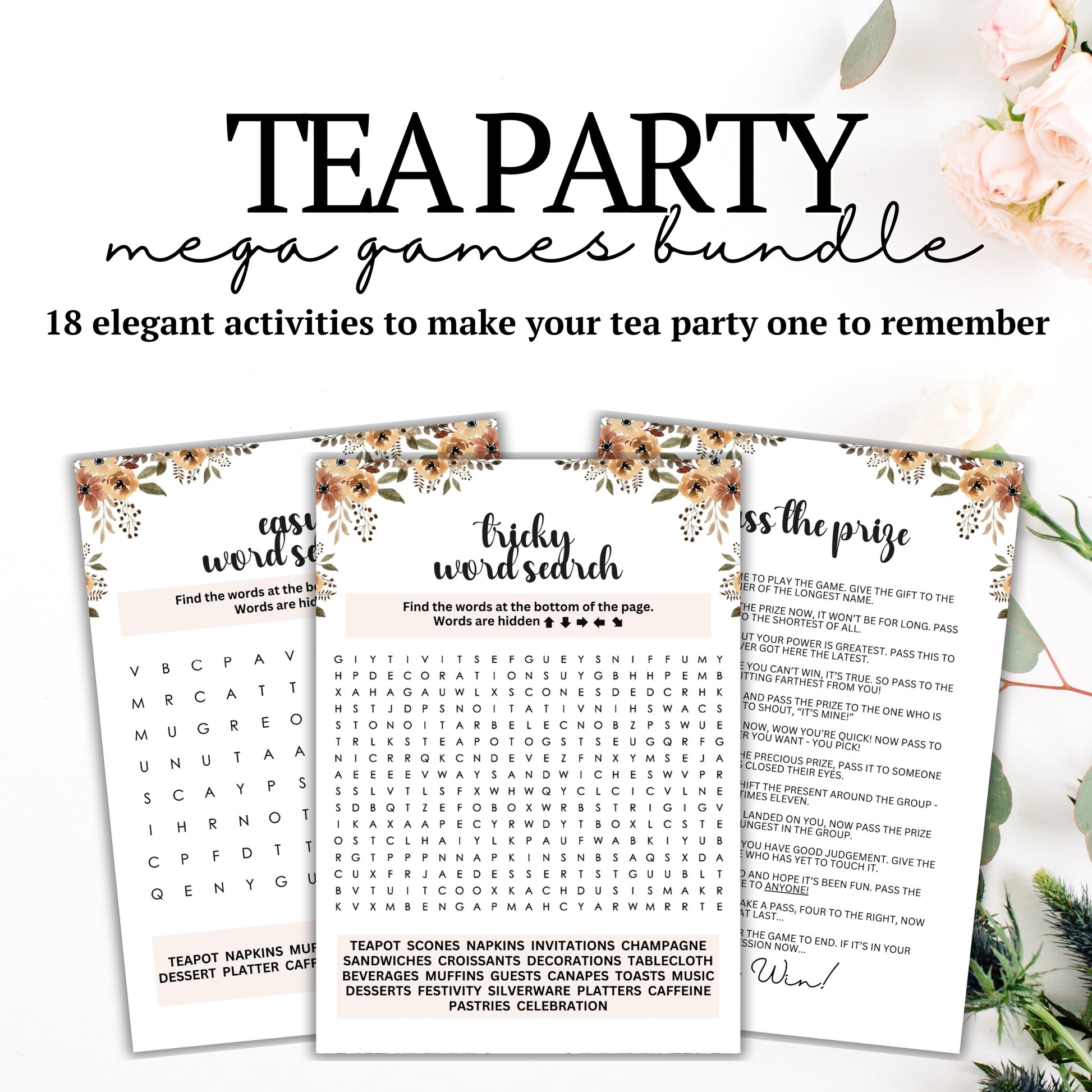 Tea Party MEGA Games Bundle - Are you hosting a tea party and looking for cute activities to ensure everyone has an incredible time?   Make your party fun and engaging with this elegant, minimalist, and super-feminine printable 18-game bundle of tea party icebreaker games from Party Prints Press!