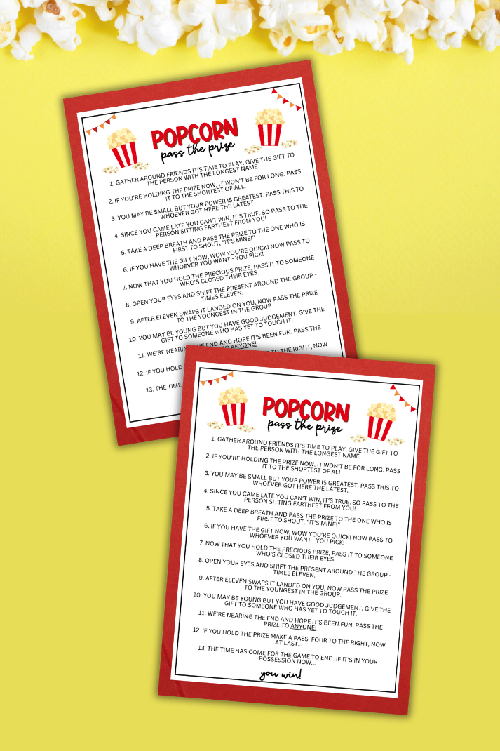 Are you looking for a unique and entertaining activity to add to your upcoming popcorn-themed birthday party, bridal shower, baby shower, fundraiser, office party, or other fun event? If you need a last-minute idea to liven up your celebrations, this exciting Popcorn-Themed Pass the Prize game from Party Prints Press is the perfect addition to your popcorn party or popcorn bar theme!