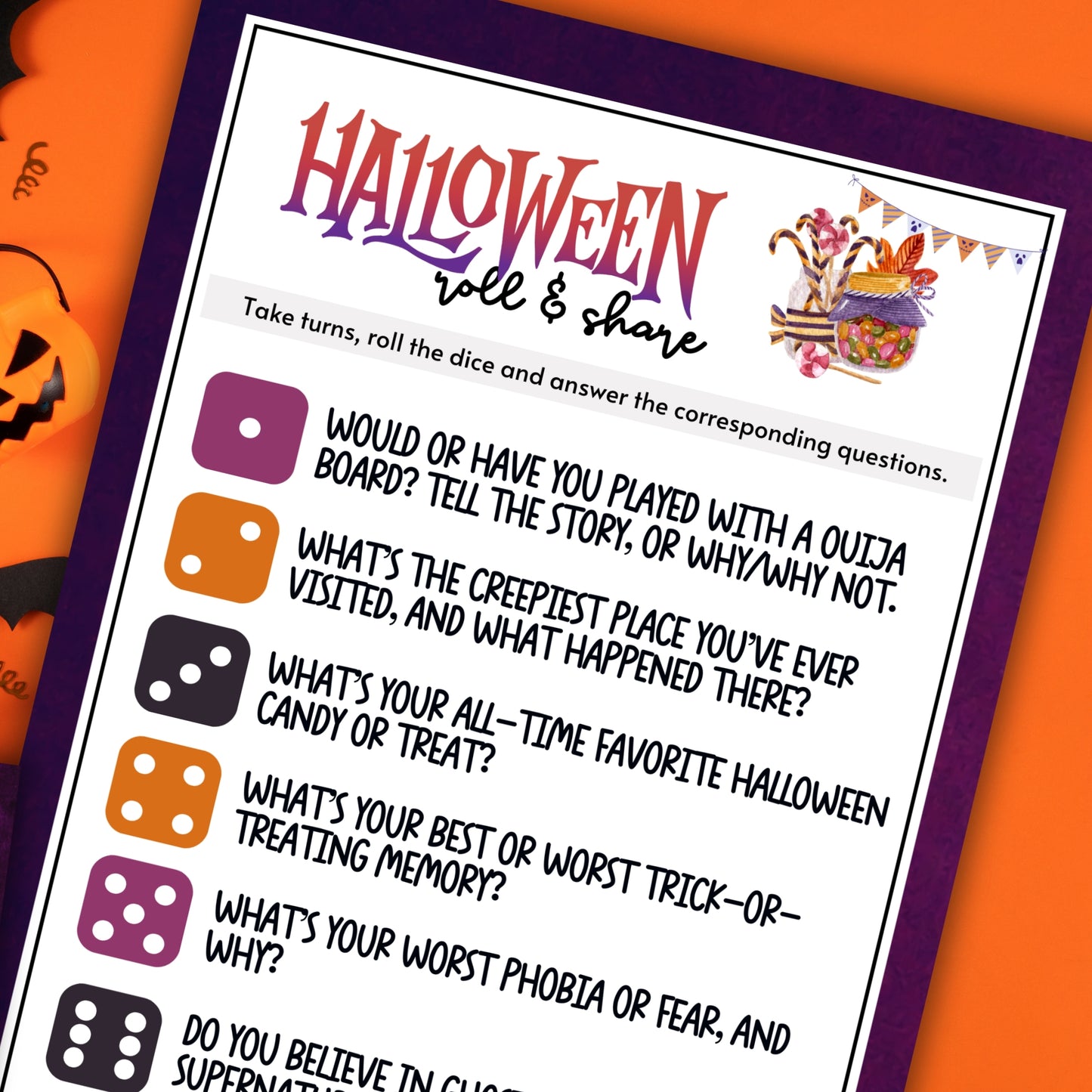 Add a unique and interactive twist to your Halloween party with the Halloween Roll and Share Dice Game!
You will need a standard set of dice (not included.)