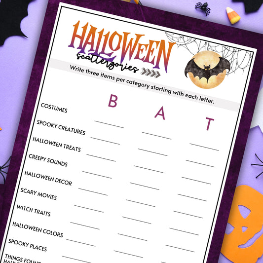 Bring out the creativity and quick thinking in your guests with the Halloween Scattergories Game! This classic word game gets a spooky twist, making it the perfect addition to your Halloween party lineup.