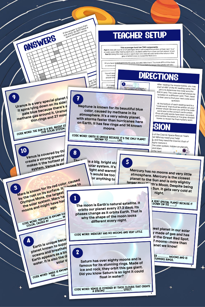 Embark on a captivating journey through the cosmos with our Solar System Scavenger Hunt, designed specifically for children aged 6 to 9! This indoor educational activity is perfect for sparking interest in astronomy and STEM subjects, whether you're teaching in a classroom or guiding learning at home. In this dynamic setup, each student or pair will explore ten beautifully crafted cards scattered throughout your learning space.