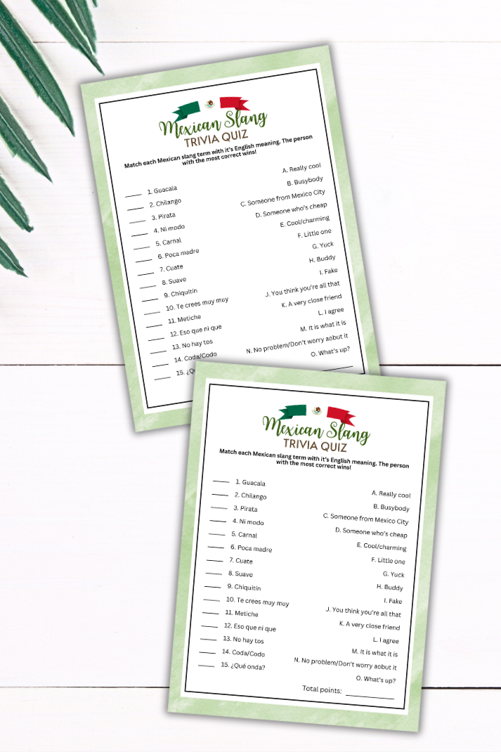 Are you hosting a taco party, Spanish language learning session, Dia de los Muertos event, Cinco de Mayo gathering, or pre-travel discussion? Experience an amusing and educational icebreaker with this super-fun Mexican Slang Matching Game from Party Prints Press! This delightful game provides an opportunity for Spanish language learners and enthusiasts of all ages to enjoy themselves while matching common Mexican Spanish slang expressions with their English translations. 