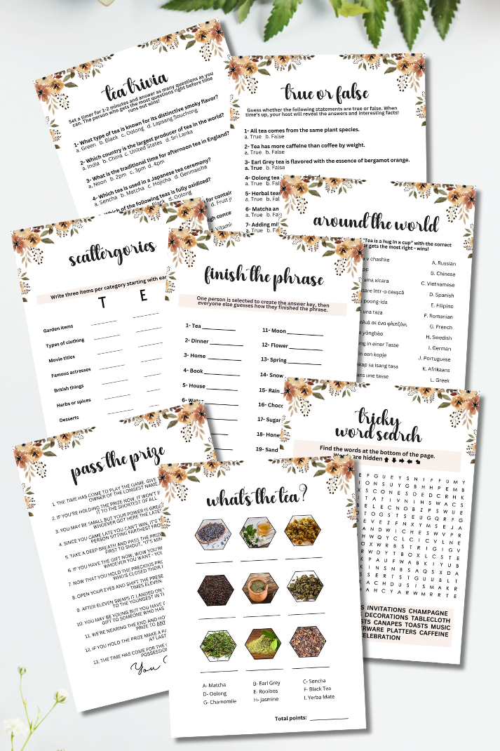Tea Party MEGA Games Bundle - Are you hosting a tea party and looking for cute activities to ensure everyone has an incredible time?   Make your party fun and engaging with this elegant, minimalist, and super-feminine printable 18-game bundle of tea party icebreaker games from Party Prints Press!
