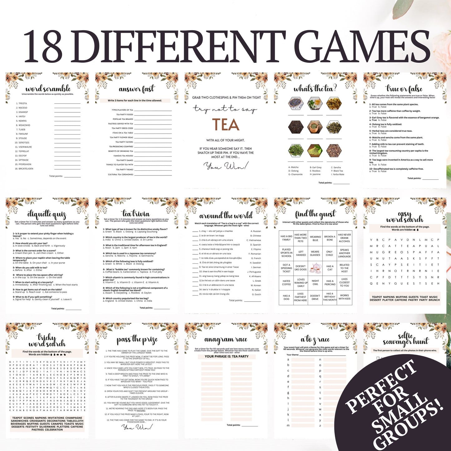 Tea Party MEGA Games Bundle - Are you hosting a tea party and looking for cute activities to ensure everyone has an incredible time? Make your party fun and engaging with this elegant, minimalist, and super-feminine printable 18-game bundle of tea party icebreaker games from Party Prints Press!