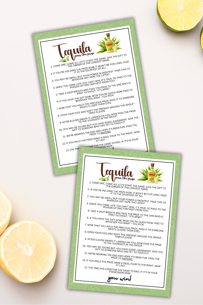 Are you seeking a fun and engaging activity to enjoy with friends at your upcoming alcohol-inspired event, dinner party, bachelor or bachelorette party or even just a pub crawl night on the town? If you need a fun last-minute idea to add to your celebrations, this fun Tequila-Themed Pass The Prize game from Party Prints Press is just what you need! 