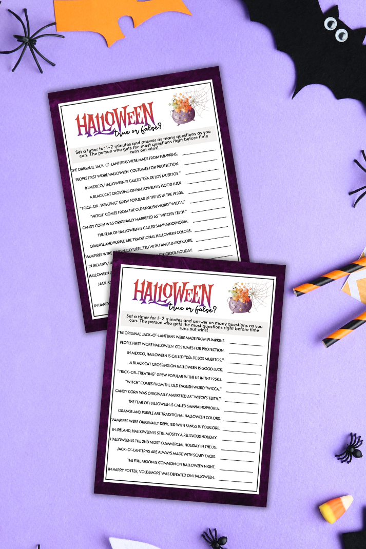 Challenge your guests' Halloween knowledge with the Halloween True or False Game!
This fun and educational game is perfect for adding a twist of trivia to your Halloween festivities, keeping everyone entertained and guessing.