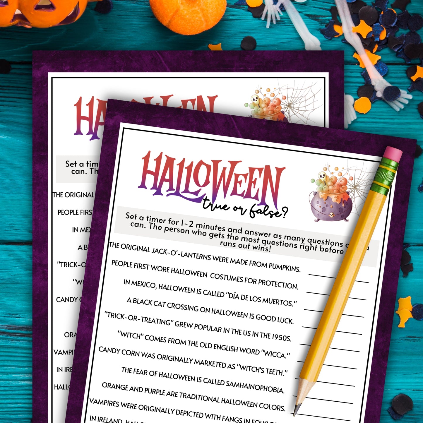 Challenge your guests' Halloween knowledge with the Halloween True or False Game!
This fun and educational game is perfect for adding a twist of trivia to your Halloween festivities, keeping everyone entertained and guessing.