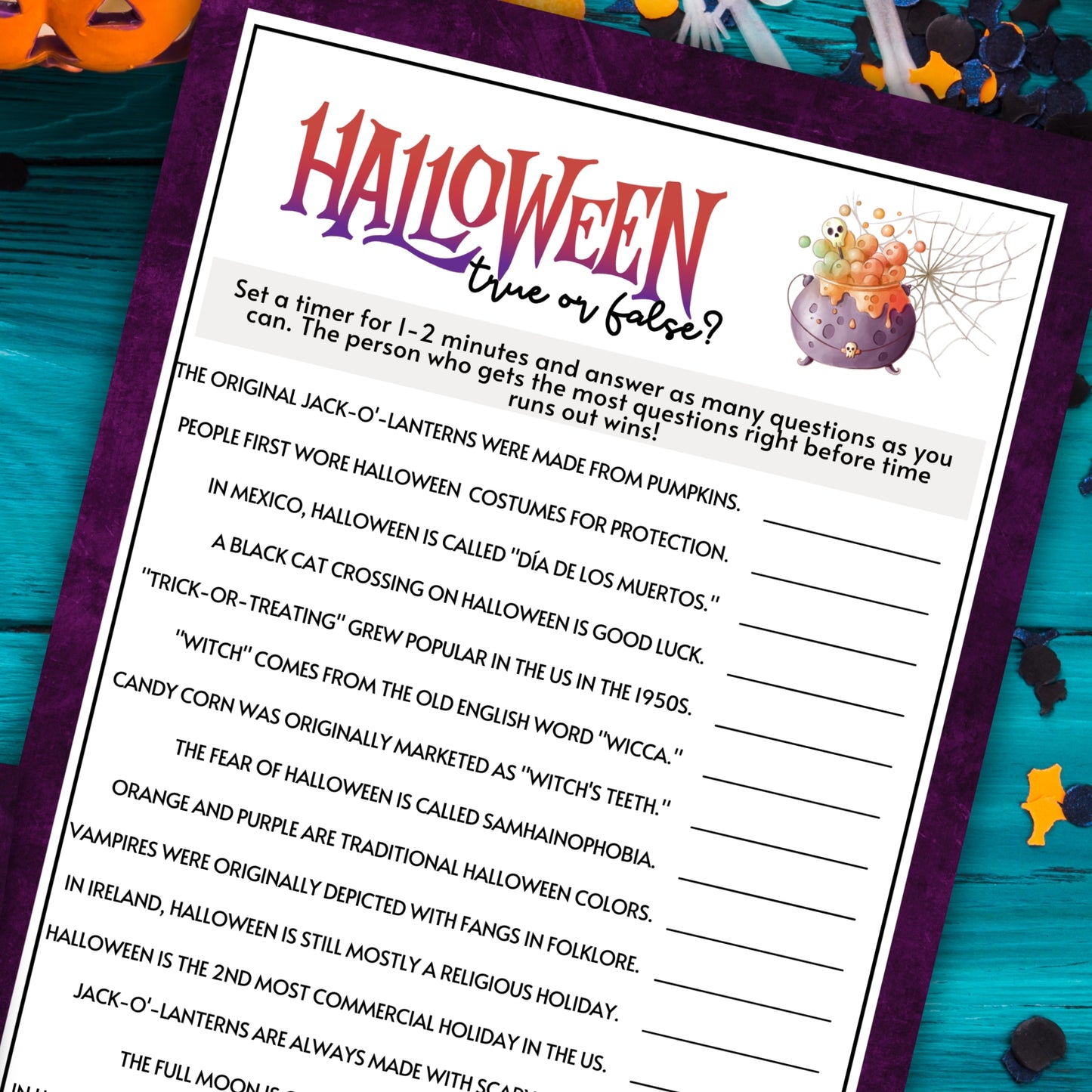 Challenge your guests' Halloween knowledge with the Halloween True or False Game!
This fun and educational game is perfect for adding a twist of trivia to your Halloween festivities, keeping everyone entertained and guessing.