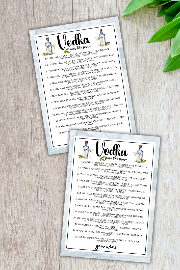 Are you seeking a fun and engaging activity to enjoy with friends at your upcoming alcohol-inspired event, dinner party, bachelor or bachelorette party or even just a pub crawl night on the town?   If you need a fun last-minute idea to add to your celebrations, this fun Vodka-Themed Pass The Prize game from Party Prints Press is just what you need! 