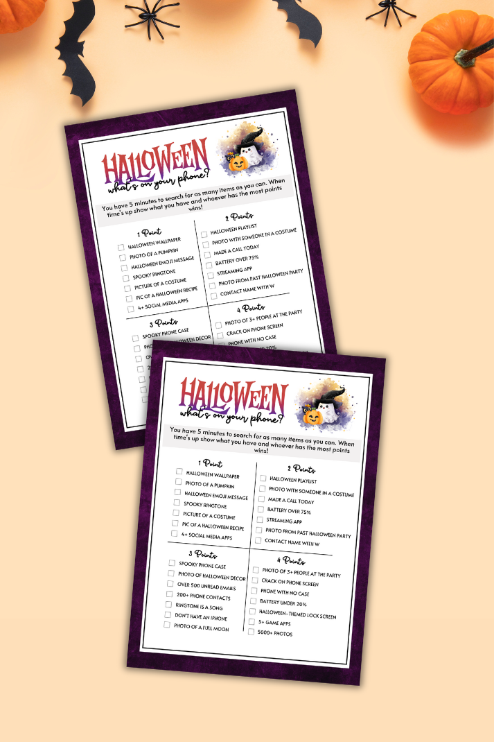 Bring some tech-savvy fun to your Halloween party with the Halloween What's On Your Phone Game!
This interactive game is a great way to get your guests exploring their devices while adding a playful twist to your spooky celebration.